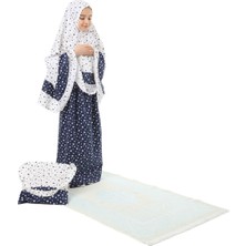 Elanesa Kız Çocuk Namaz Elbisesi 4 Parçalı Seccadeli ve Çantalı Larcivert Rengi Yıldız Baskılı Kemer Desenli