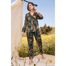 Monamise Yaprak Desenli Gömlek Yakalı Önü Boydan Düğmeli Pijama Takımı 21138
