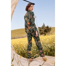 Monamise Yaprak Desenli Gömlek Yakalı Önü Boydan Düğmeli Pijama Takımı 21138