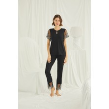 Monamise Yakası Detaylı Brode Dantelli Pijama Takımı 19193