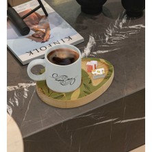 BK Kişiye Özel Yapraklar Tasarımlı Doğal Ahşap Tabaklı Türk Kahvesi Fincanı Sunum Seti Model 8