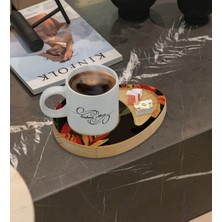 BK Kişiye Özel Yapraklar Tasarımlı Doğal Ahşap Tabaklı Türk Kahvesi Fincanı Sunum Seti Model 11