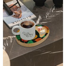 BK Kişiye Özel Yapraklar Tasarımlı Doğal Ahşap Tabaklı Türk Kahvesi Fincanı Sunum Seti Model 7