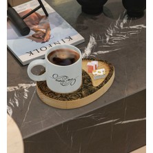 BK Kişiye Özel Retro Motif Tasarımlı Doğal Ahşap Tabaklı Türk Kahvesi Fincanı Sunum Seti Model 16