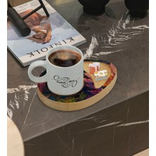 BK Kişiye Özel Modern Art Tasarımlı Doğal Ahşap Tabaklı Türk Kahvesi Fincanı Sunum Seti Model 20