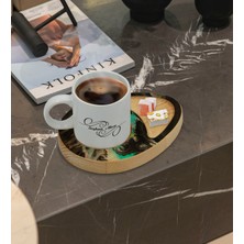 BK Kişiye Özel Mermer Tasarımlı Doğal Ahşap Tabaklı Türk Kahvesi Fincanı Sunum Seti Model 18