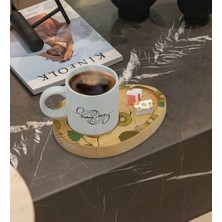 BK Kişiye Özel Kivi Tasarımlı Doğal Ahşap Tabaklı Türk Kahvesi Fincanı Sunum Seti Model 1