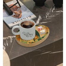 BK Kişiye Özel Çiçekler Tasarımlı Doğal Ahşap Tabaklı Türk Kahvesi Fincanı Sunum Seti Model 7