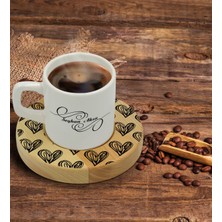 BK Kişiye Özel Kalpler Tasarımlı Doğal Ahşap Tabaklı Türk Kahvesi Fincanı Model 1