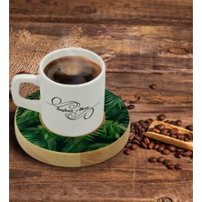 BK Kişiye Özel Yapraklar Tasarımlı Doğal Ahşap Tabaklı Türk Kahvesi Fincanı Model 9