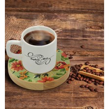 BK Kişiye Özel Çiçekler Tasarımlı Doğal Ahşap Tabaklı Türk Kahvesi Fincanı Model 5