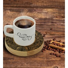 BK Kişiye Özel Retro Motif Tasarımlı Doğal Ahşap Tabaklı Türk Kahvesi Fincanı Model 16