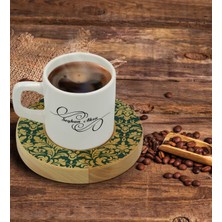 BK Kişiye Özel Retro Motif Tasarımlı Doğal Ahşap Tabaklı Türk Kahvesi Fincanı Model 8