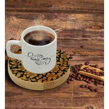 BK Kişiye Özel Retro Motif Tasarımlı Doğal Ahşap Tabaklı Türk Kahvesi Fincanı Model 15