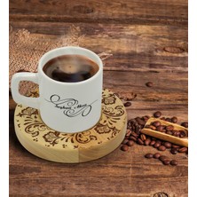 BK Kişiye Özel Retro Motif Tasarımlı Doğal Ahşap Tabaklı Türk Kahvesi Fincanı Model 3