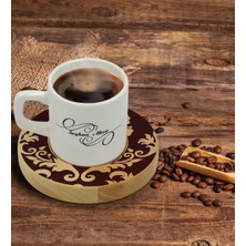 BK Kişiye Özel Retro Motif Tasarımlı Doğal Ahşap Tabaklı Türk Kahvesi Fincanı Model 7