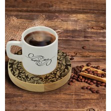 BK Kişiye Özel Retro Motif Tasarımlı Doğal Ahşap Tabaklı Türk Kahvesi Fincanı Model 6