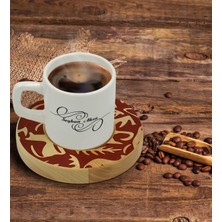 BK Kişiye Özel Retro Motif Tasarımlı Doğal Ahşap Tabaklı Türk Kahvesi Fincanı Model 2