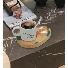 BK Kişiye Özel Modern Art Tasarımlı Doğal Ahşap Tabaklı Türk Kahvesi Fincanı Sunum Seti Model 9