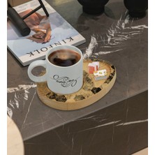 BK Kişiye Özel Mermer Tasarımlı Doğal Ahşap Tabaklı Türk Kahvesi Fincanı Sunum Seti Model 15