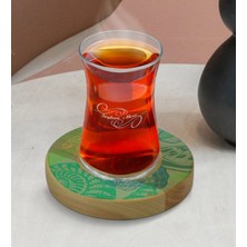 BK Kişiye Özel Deniz Kabukları Tasarımlı Doğal Ahşap Tabaklı Heybeli Çay Bardağı Model 1