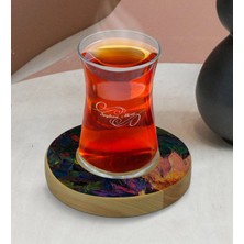 BK Kişiye Özel Modern Art Tasarımlı Doğal Ahşap Tabaklı Heybeli Çay Bardağı Model 20