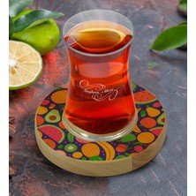 BK Kişiye Özel Meyveler Tasarımlı Doğal Ahşap Tabaklı Heybeli Çay Bardağı Model 1