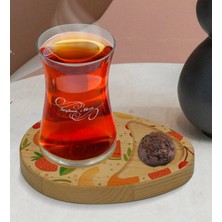 BK Kişiye Özel Meyveler Tasarımlı Doğal Ahşap Tabaklı Heybeli Çay Bardağı Sunum Seti Model 3