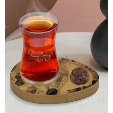 BK Kişiye Özel Mermer Tasarımlı Doğal Ahşap Tabaklı Heybeli Çay Bardağı Sunum Seti Model 16