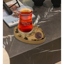 BK Kişiye Özel Mermer Tasarımlı Doğal Ahşap Tabaklı Heybeli Çay Bardağı Sunum Seti Model 16