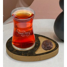BK Kişiye Özel Mermer Tasarımlı Doğal Ahşap Tabaklı Heybeli Çay Bardağı Sunum Seti Model 9