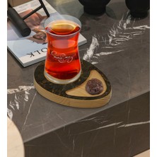 BK Kişiye Özel Mermer Tasarımlı Doğal Ahşap Tabaklı Heybeli Çay Bardağı Sunum Seti Model 9