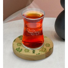BK Kişiye Özel Kaktüs Tasarımlı Doğal Ahşap Tabaklı Heybeli Çay Bardağı Model 2
