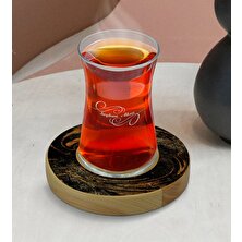 BK Kişiye Özel Mermer Tasarımlı Doğal Ahşap Tabaklı Heybeli Çay Bardağı Model 13