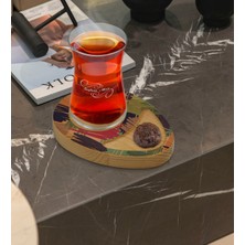 BK Kişiye Özel Modern Art Tasarımlı Doğal Ahşap Tabaklı Heybeli Çay Bardağı Sunum Seti Model 10