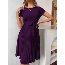 Rengamoda Eteği Pileli Beli Kuşaklı  Krep Kumaş Elbise (4 Renk)