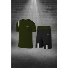 Poseidon Storm Erkek Haki Dri-Fit Kumaş Yürüyüş Için Konforlu Cepli Sıfır Yaka Tişört Şort Seti S-3xl
