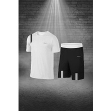 Poseidon Storm Erkek Beyaz Dri-Fit Kumaş Koşu Için Konforlu Cepli Sıfır Yaka Tişört Şort Ikili Alt Üst Seti S-3xl