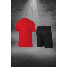 Poseidon Storm Erkek Kırmızı Dri-Fit Kumaş Cepli Baskısız Sıfır Yaka Kısa Kol Alt Üst Takım Tişört Şort Seti S-3xl