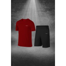 Poseidon Storm Erkek Bordo Dri-Fit Kumaş Cepli Baskısız Bisiklet Yaka Yürüyüş Için Tişört Şort Alt Üst Ikili Takım S-3xl