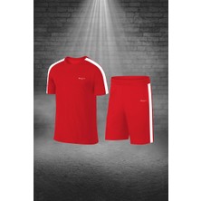 Poseidon Storm Erkek Kırmızı Dri-Fit Kumaş Cepli Baskısız Bisiklet Yaka Sporcu Tişört Şort Alt Üst Ikili Takım S-3xl