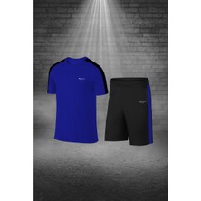 Poseidon Storm Büyük Beden Erkek Mavi Dri-Fit Kumaş Antrenman ve Koşu Için Konforlu Cepli Kısa Kol Tişört Şort Ikili Takım  4XL-10XL