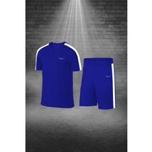 Poseidon Storm Büyük Beden Erkek Mavi Dri-Fit Kumaş Yürüyüş ve Koşu Için Konforlu Cepli Sıfır Yaka Tişört Şort Ikili Alt Üst Seti  4XL-10XL