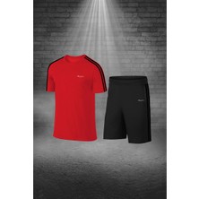 Poseidon Storm Büyük Beden Erkek Kırmızı Dri-Fit Kumaş Baskısız Yuvarlak Yaka Kısa Kol Tişört Şort Alt Üst Takım 4XL-10XL