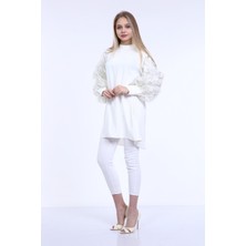 Deseo Boutique Kadın Ekru Organze Kol Tüy Detaylı Tunik