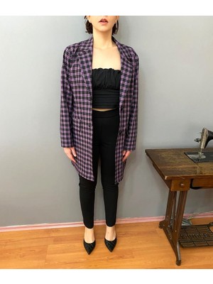 Deseo Boutique Kadın Mor Renk Kareli Desen Şık Blazer Ceket