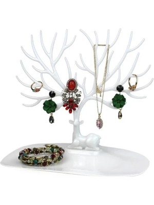 Byz Shop Geyik Tasarımlı Küpe Kolye Bilezik Takı Mücevher Standı Tepsisi Ağacı Organizatör Beyaz