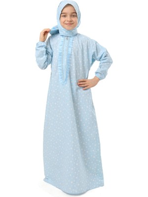 Elanesa Pratik Fermuarlı Pamuklu Kız Çocuk Namaz Elbisesi Mavi Baskılı