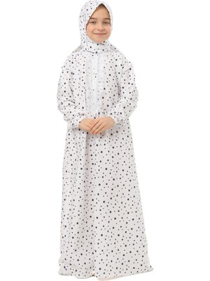 Elanesa Pratik Fermuarlı Pamuklu Kız Çocuk Namaz Elbisesi Larcivert Baskılı