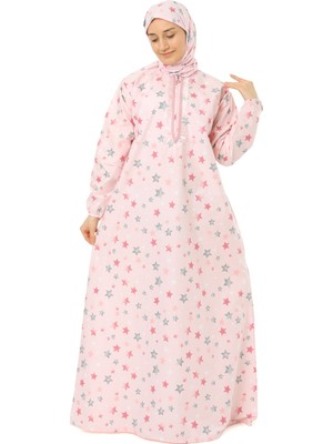Elanesa Pratik Fermuarlı Pamuklu Bayan Çocuk Namaz Elbisesi Pembe Baskılı